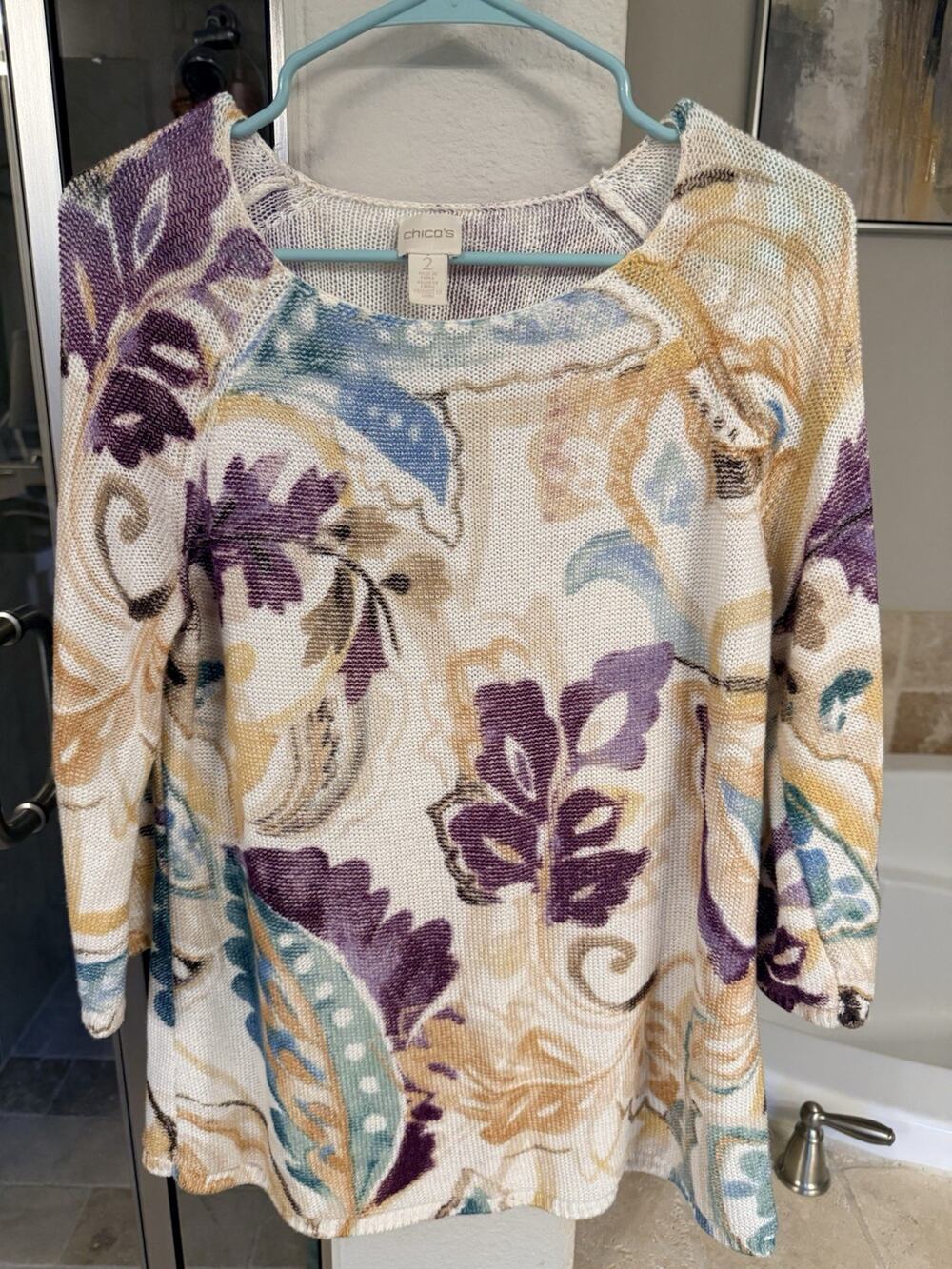 Chico’s Size 2 Colorful Floral Open Knit Sweater Lightweight 3/4 Sleeve Boho